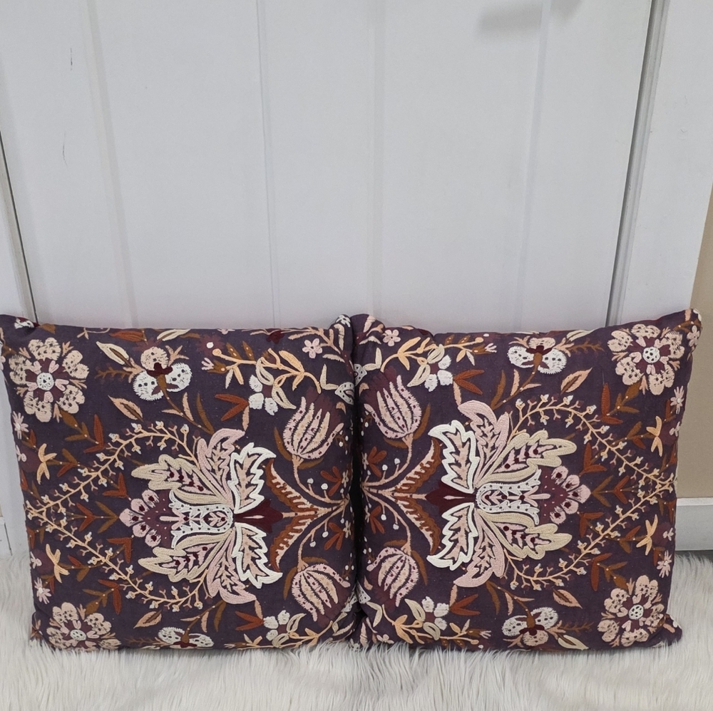 Floral embroidery Bugundy  Set Of 2  Accent Pillows -